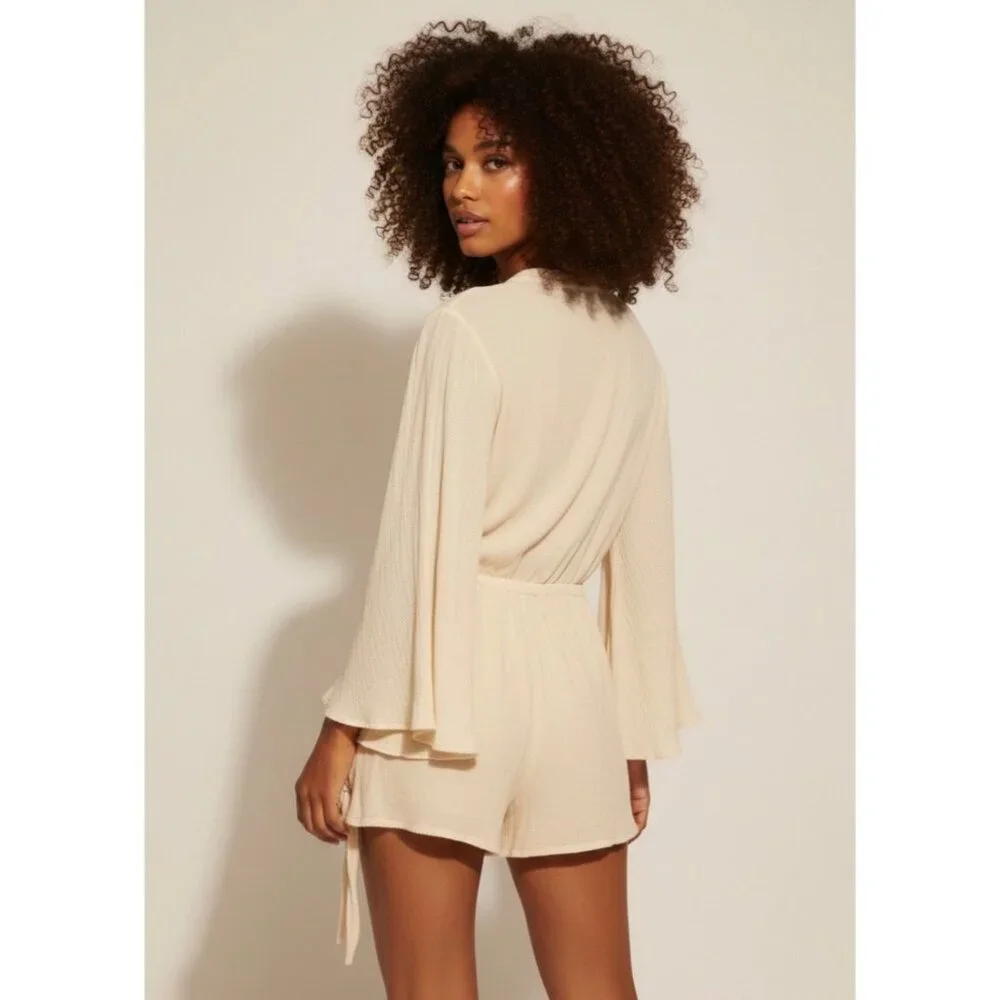 Free People Bell Sleeve Cream Romper Playsuit S| Boho Coastal Cowgirl Whimsigoth - Picture 11 of 16